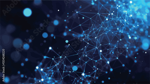 The image is an abstract digital rendering featuring a network of interconnected glowing blue points and lines on a dark blue background.  The points vary in size and brightness, creating a bokeh