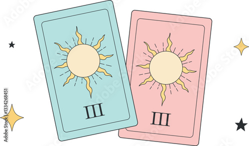 Illustration of two tarot cards with sun and number on a white background