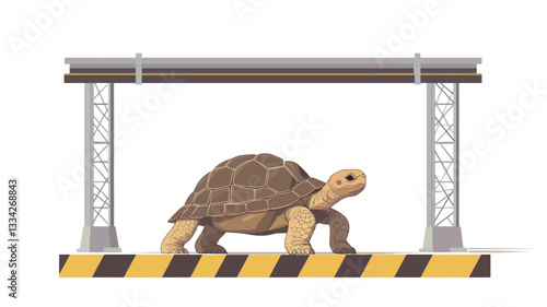 A digital illustration depicts a tortoise walking across a yellow and black striped caution area beneath a large industrial pipeline supported by metal framework. The tortoise is rendered in a