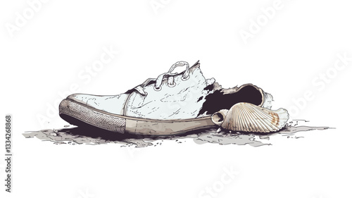 Close-up illustration of a single white canvas shoe with a significant tear along the side, revealing the inner sole. The shoe is depicted on a light brown ground, suggesting dirt or earth. The