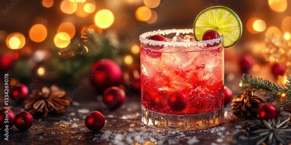 Festive cocktail with cranberry and lime garnished for holiday celebrations at a cozy gathering Festive cocktail with cranberry and lime garnished for holiday celebrations at a cozy gathering