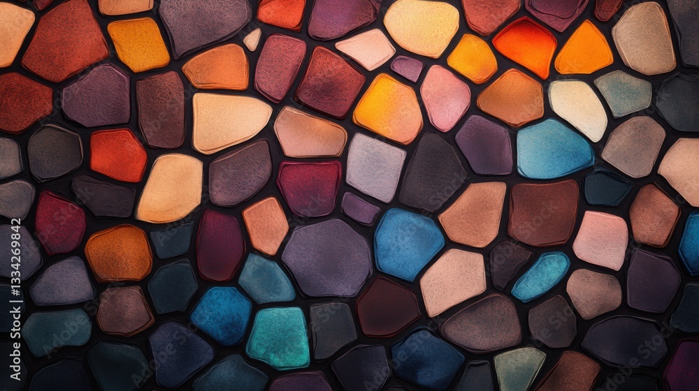 Colorful mosaic pattern made of irregular stone shapes creating a vibrant and artistic texture. Colorful mosaic pattern made of irregular stone shapes creating a vibrant and artistic texture.