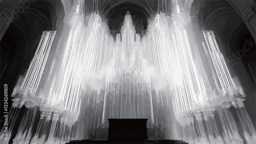 A black and white, high-contrast image showcasing a large church pipe organ. The image is centered on the organ, with the pipes extending from a central point, creating a visually striking