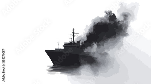 The image depicts a monochrome silhouette of a ship, possibly a cargo vessel, partially obscured by a large, dense cloud of smoke or fog.  The ship is rendered in dark grayscale, with minimal