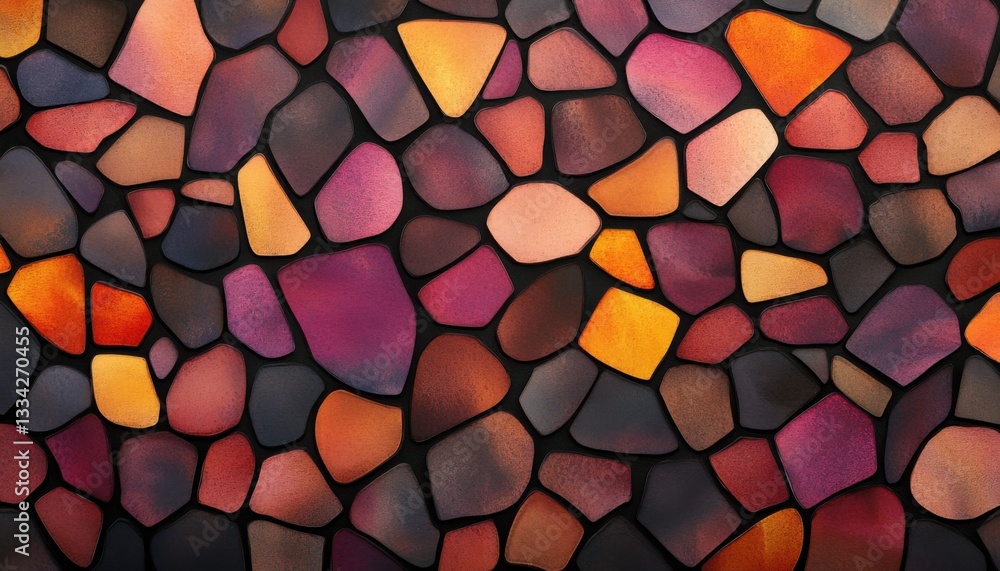 Colorful mosaic pattern featuring irregular stones in rich hues of orange, pink, and purple. Colorful mosaic pattern featuring irregular stones in rich hues of orange, pink, and purple.