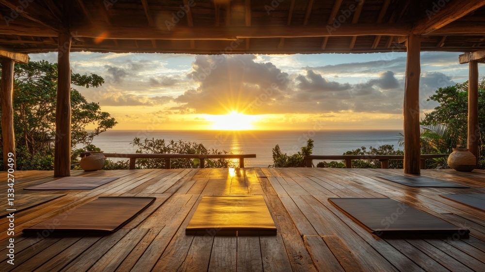 Hotel yoga deck with mats arranged facing a sunrise view over the ocean. Hotel yoga deck with mats arranged facing a sunrise view over the ocean.