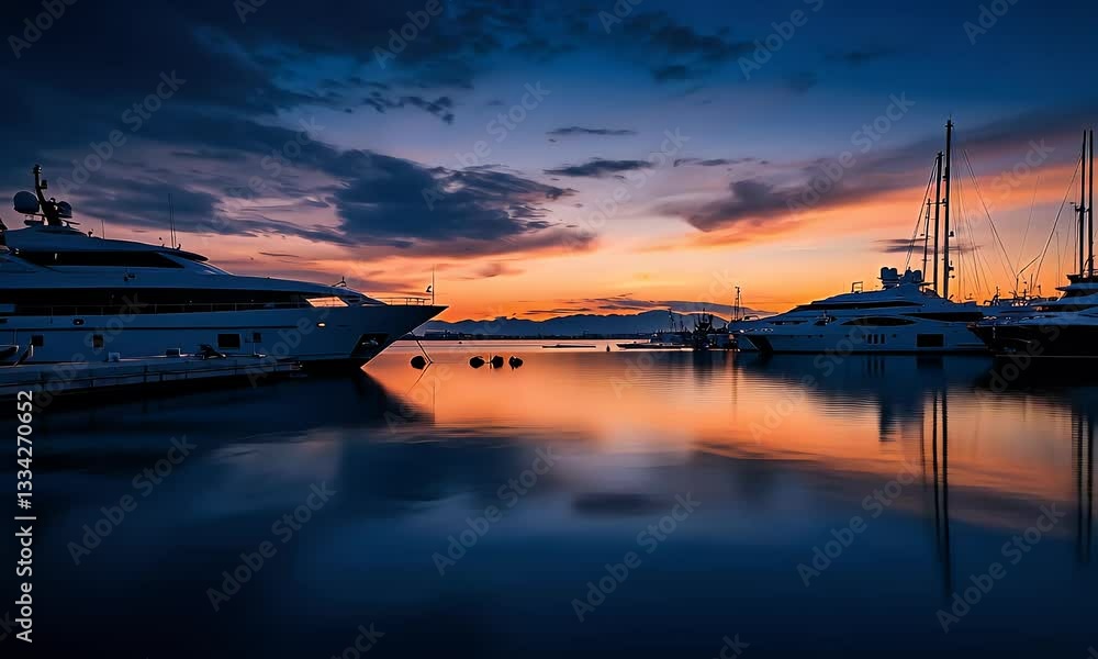 Luxury yachts at sunset harbor, calm water reflections, mountain backdrop, ideal for travel brochures Luxury yachts at sunset harbor, calm water reflections, mountain backdrop, ideal for travel brochures