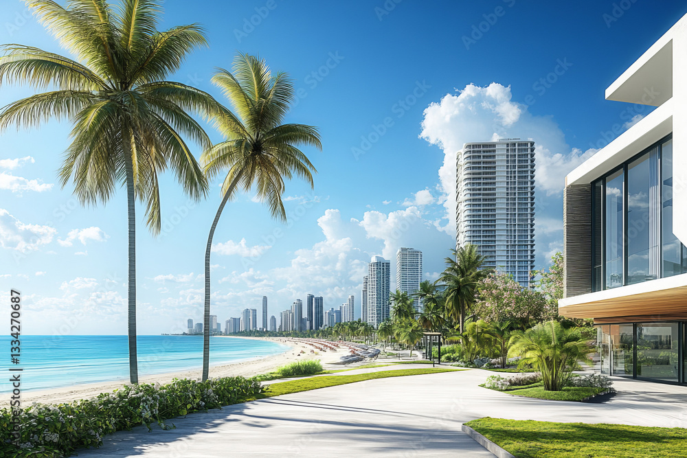 Obraz premium luxury beachfront cityscape with palm trees, modern high-rise buildings, and a scenic ocean view under a bright blue sky