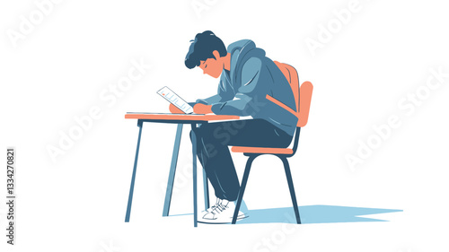 A digital illustration depicts a young male student sitting at a simple wooden desk and chair. He is hunched over, deeply concentrating on some papers on the desk.  The style is vector-based, with