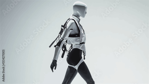 The image shows a full-length side profile of a headless mannequin wearing a striking avant-garde outfit.  The outfit is primarily monochrome, utilizing shades of grey, white, and black.  The