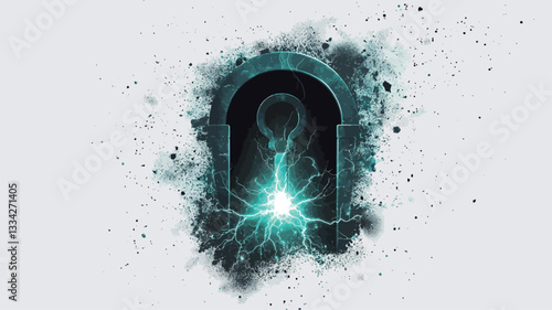 The image presents a stylized, abstract symbol resembling a stylized padlock or keyhole. The symbol is predominantly dark teal and black, with a bright teal glowing energy emanating from its