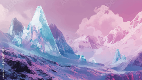 Digital artwork depicting a mountainous landscape rendered in pastel hues of pink, purple, and blue.  The mountains are prominent, with sharp peaks covered in what appears to be snow or ice.  The