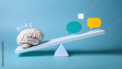 3D Illustration of a Seesaw with a Brain and Floating 'BIAS' Text, Lifting Colorful Speech Bubbles, Symbolizing Cognitive Bias photo