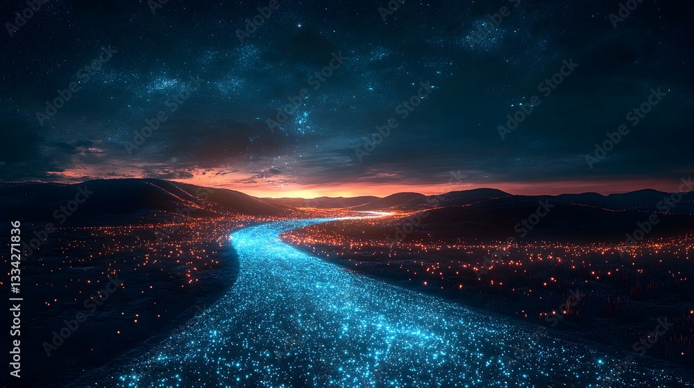 Fototapeta premium Magical River Winding Through City at Night