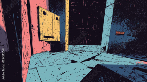 The image is a digital illustration depicting an abstract interior space composed of geometric shapes. The color palette consists primarily of muted pastel shades of pink, blue, yellow and dark
