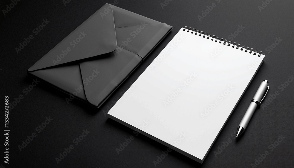 Paper Sheet Mockup on Desk with Black Envelope and Silver Pen, Copy Space Paper Sheet Mockup on Desk with Black Envelope and Silver Pen, Copy Space