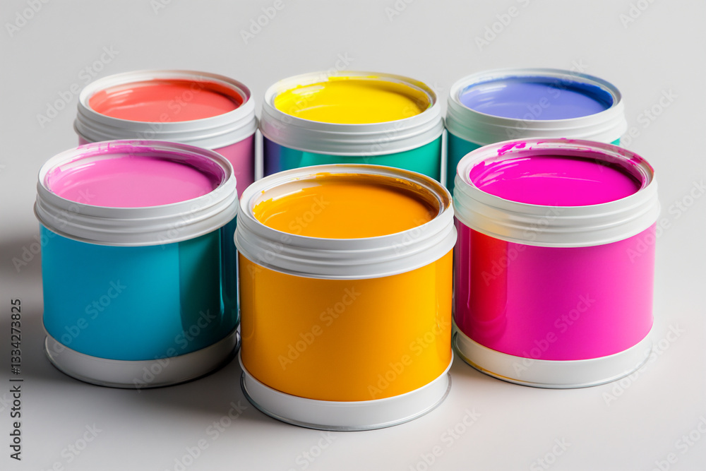 7 paint cans of different colors on a white background, top view, 7 paint cans of different colors on a white background, top view,