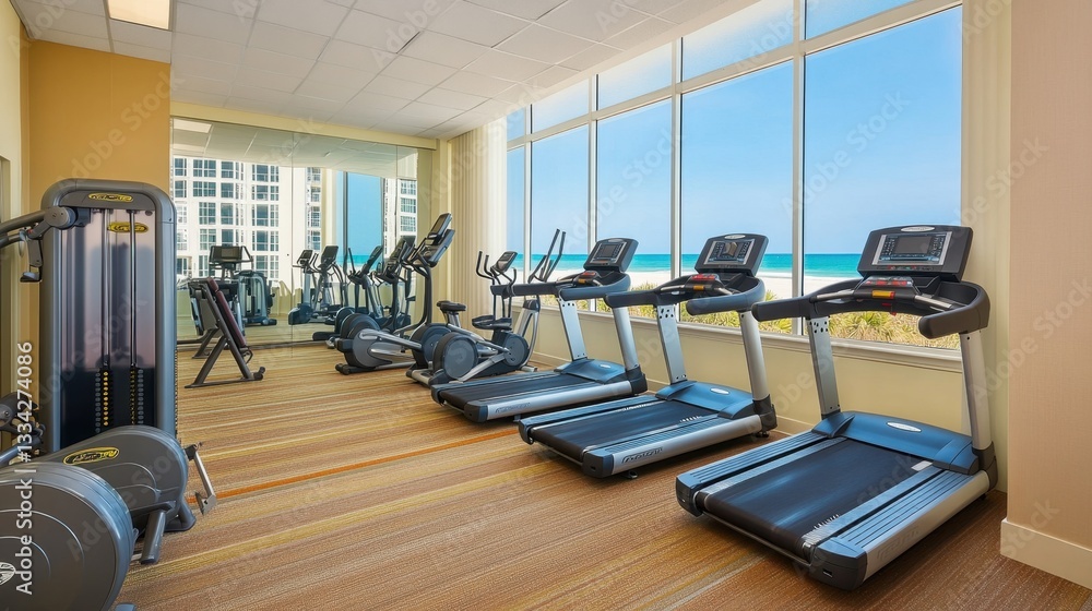 Fototapeta premium Modern hotel gym with high-end fitness equipment, large windows, and a clean, minimalistic design.