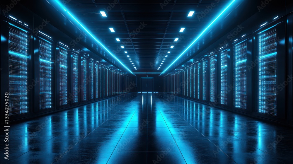 Fototapeta premium Futuristic server room with neon blue lighting.