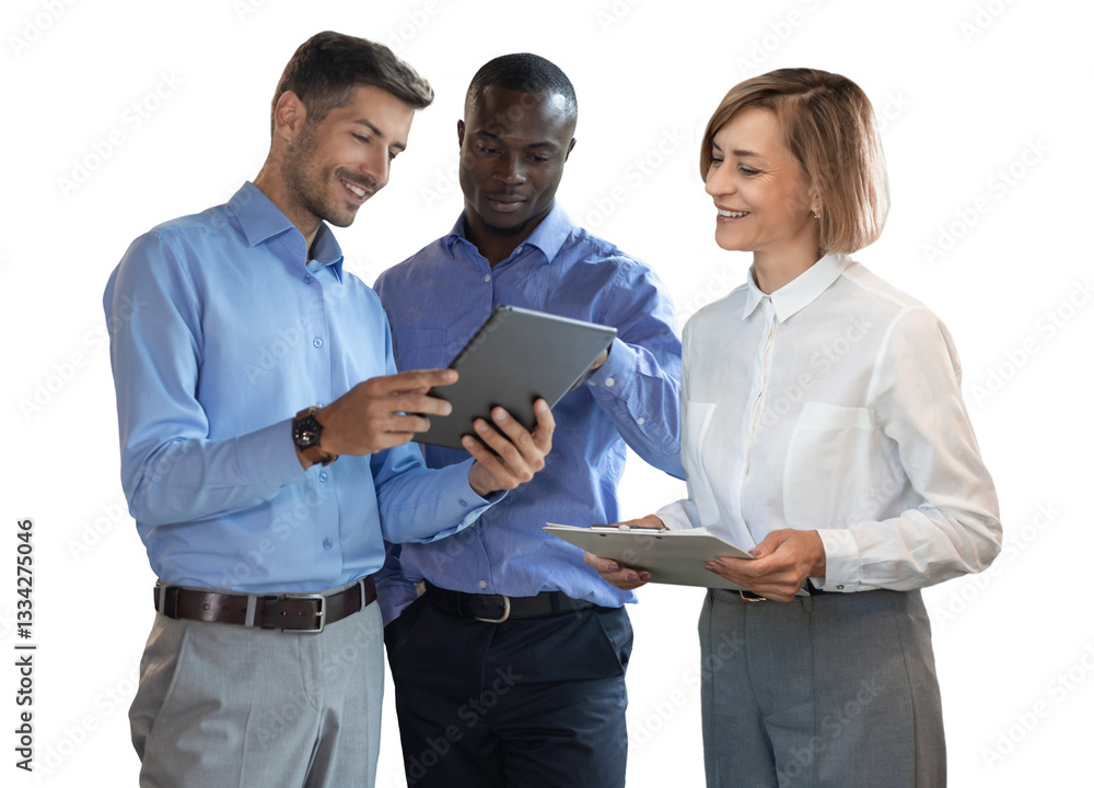 © ty - Three diverse business partners standing and discussing project working together on a transparent background © ty - Three diverse business partners standing and discussing project working together on a transparent background