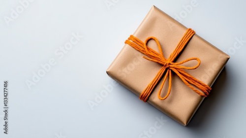 Simple Brown Gift Wrapped in Orange Twine on Gray Background