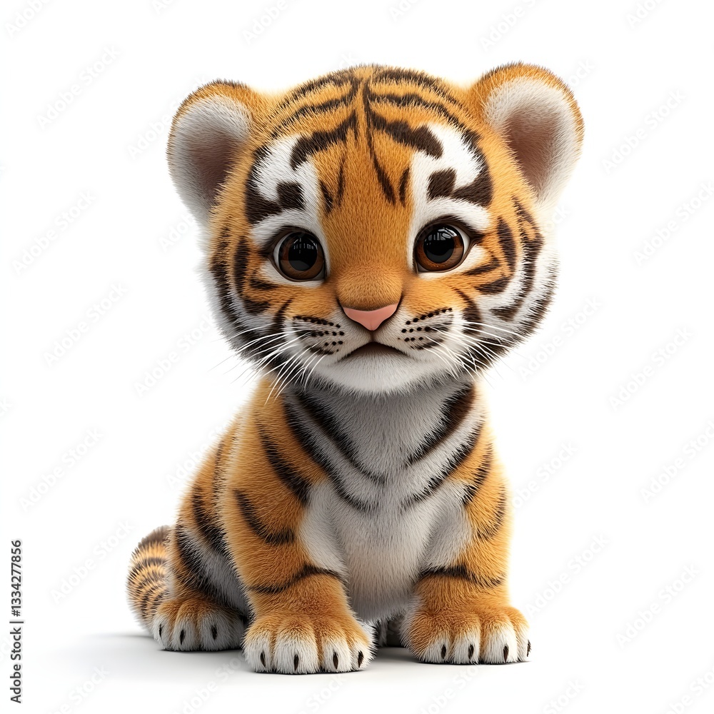 Obraz premium A charming 3D render of a baby tiger, showcasing its adorable features. Adorable Baby Tiger Cub Close up
