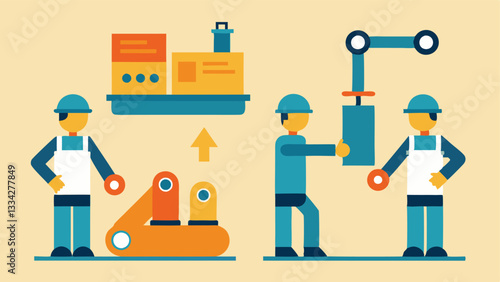 Factory Transformation An illustration of a factory before and after automation. The before scene shows workers manually assembling products while the after scene displays robots