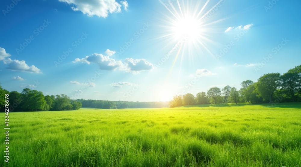 Obraz premium Sunny open field on the longest day of the year with a bright blue sky, vibrant green grass, and long shadows cast by distant trees.