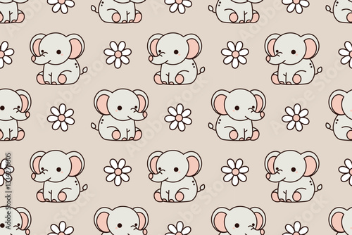 Cute Elephant Seamless Pattern Kawaii Cartoon Baby Elephant Design