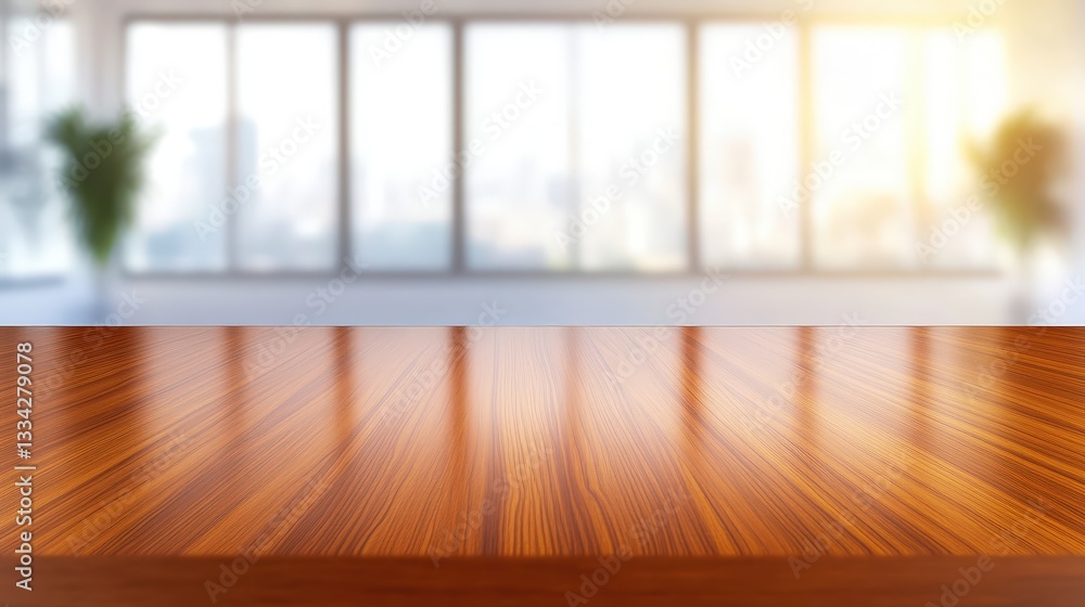 Fototapeta premium A bright room with large windows features a polished wooden table, creating a warm and inviting atmosphere.