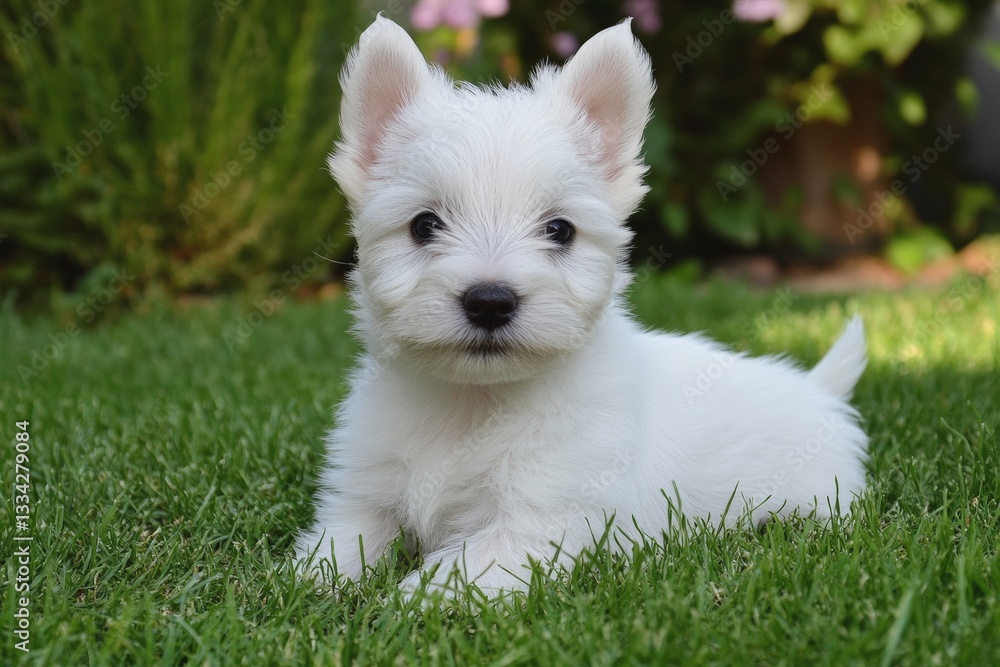 Cute white puppy relaxing on green grass in a sunny garden Cute white puppy relaxing on green grass in a sunny garden