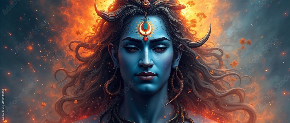 Abstract image of Shiva as a destroyer and creator a crescent moon on the head, a third eye and a snake around the neck Abstract image of Shiva as a destroyer and creator a crescent moon on the head, a third eye and a snake around the neck