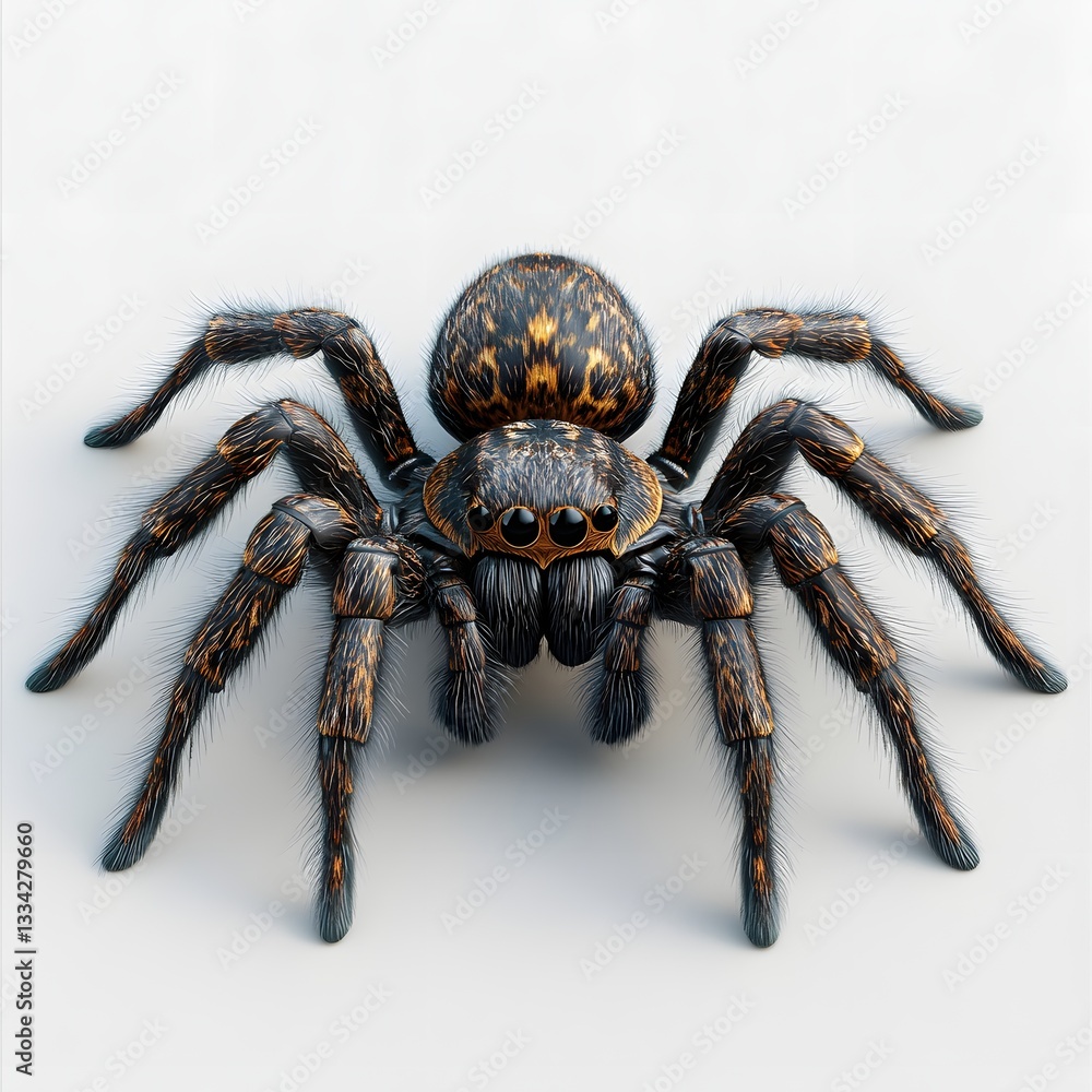 Close-up view of a large hairy tarantula with gold accents against a white background. Adorable Baby Trapdoor Spider Close-up view of a large hairy tarantula with gold accents against a white background. Adorable Baby Trapdoor Spider