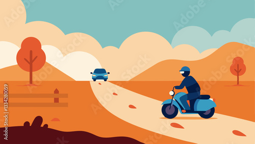 Rural Pursuit A police officer racing down a dusty country road on their motorcycle with fields and trees in the background as a suspect vehicle veers off ahead.