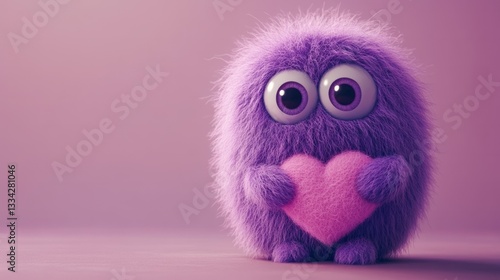  A cute purple monster made of wool with big eyes, a pink heart-shaped belly, a simple background