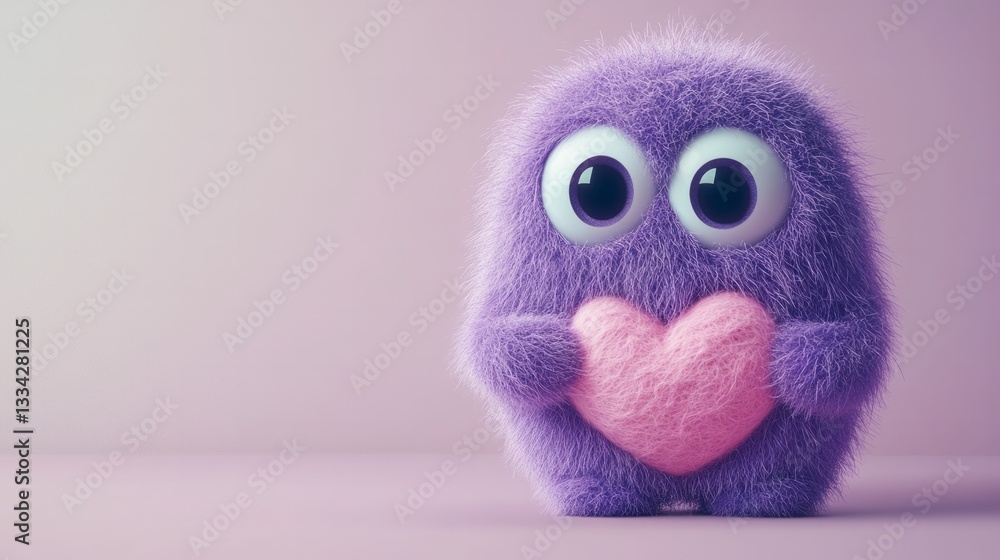 Fototapeta premium A cute purple monster made of wool with big eyes, a pink heart-shaped belly, a simple background