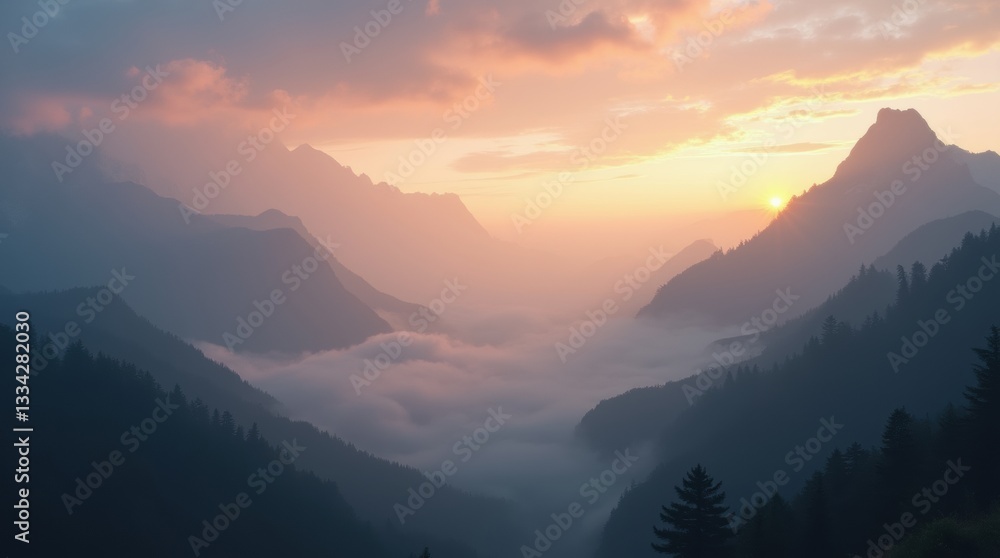 Obraz premium Mystical sunrise in a mountain landscape, with mist covering the peaks and soft sunlight illuminating the ridges in golden and pink hues.