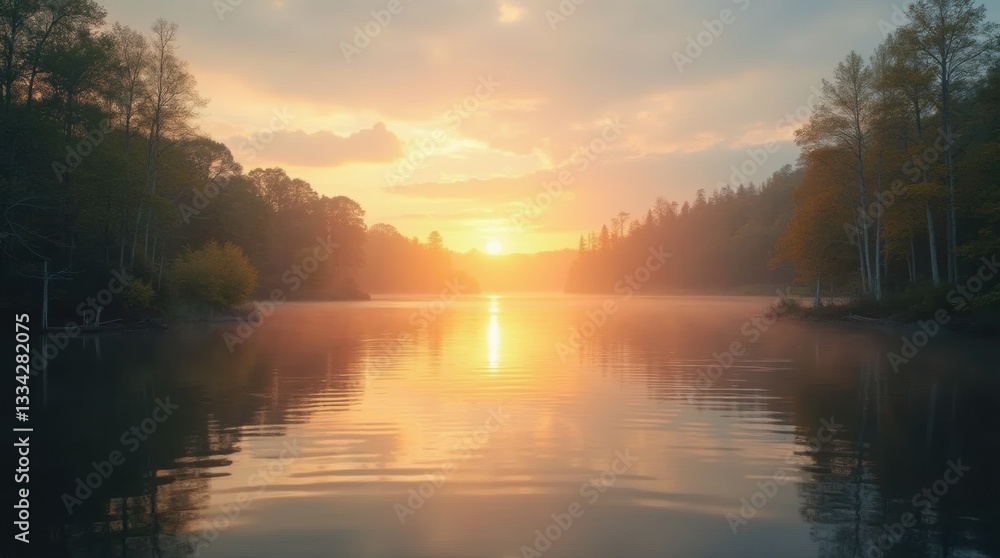Sunset over a peaceful lake on the longest day of the year, with golden reflections on the water and a soft pastel-colored sky. Sunset over a peaceful lake on the longest day of the year, with golden reflections on the water and a soft pastel-colored sky.