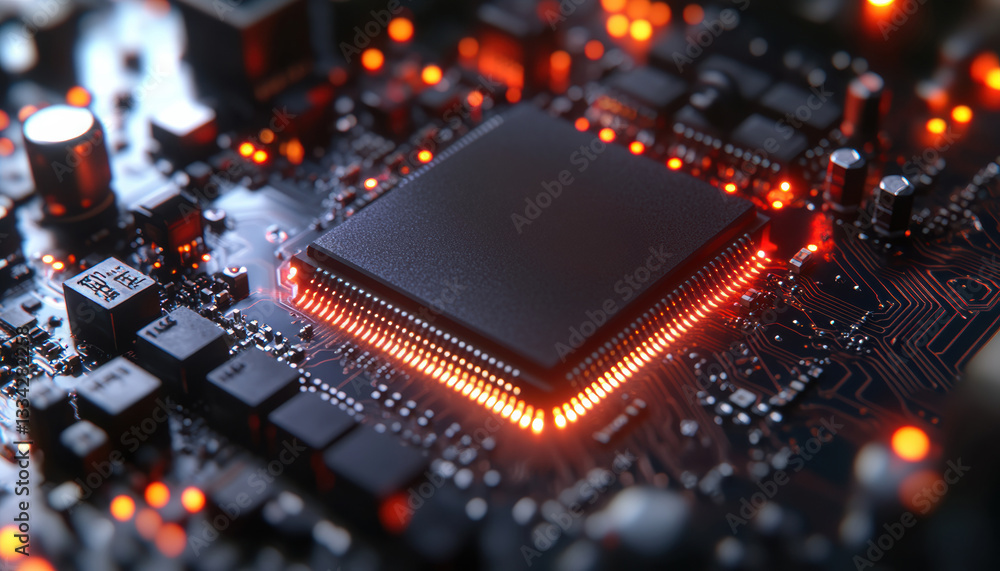 A close up of a computer chip with a lot of lights on it A close up of a computer chip with a lot of lights on it
