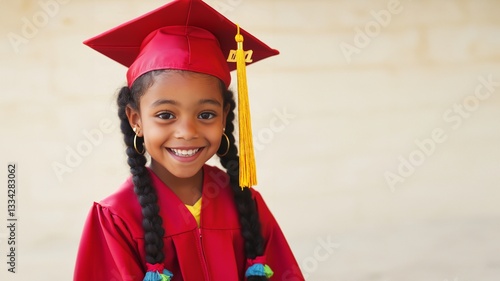 Lächelndes afroamerikanisches Mädchen im roten Graduierungsoutfit mit Abschlusshut und Zöpfen