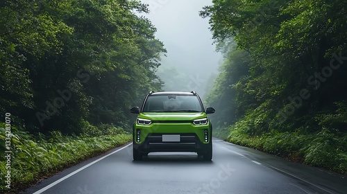 Adventure drive in green car lush forest road photography nature front view escape into nature