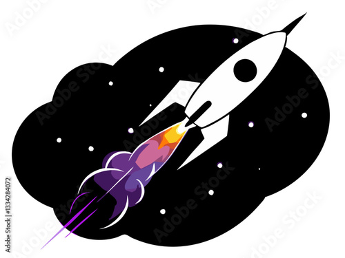 Rocket launching into space, colorful design, minimalistic style, copy space