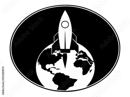Rocket launching from Earth, symbolic design, black and white, copy space