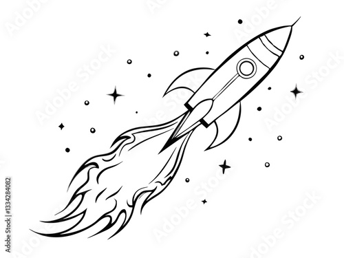 Rocket taking off into space, hand-drawn style, black and white, copy space