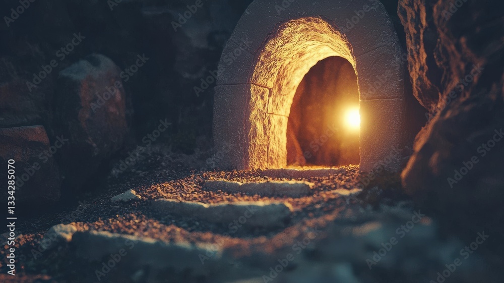 Fototapeta premium Soft-focus 3D render of an empty tomb with glowing light shining from within, symbolizing resurrection, hope, and new beginnings, perfect for Easter or spiritual themes. 