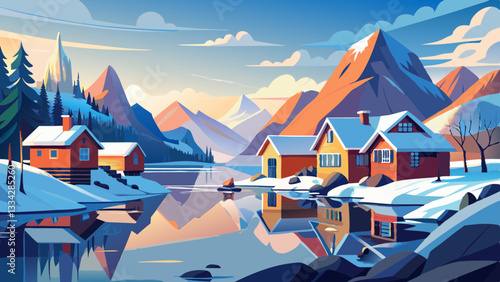 Scandinavian winter peaceful landscape of foggy morning in a Norwegian fjord village, with soft pastels of the houses reflecting in calm water. Beautiful mountain landscape in winter