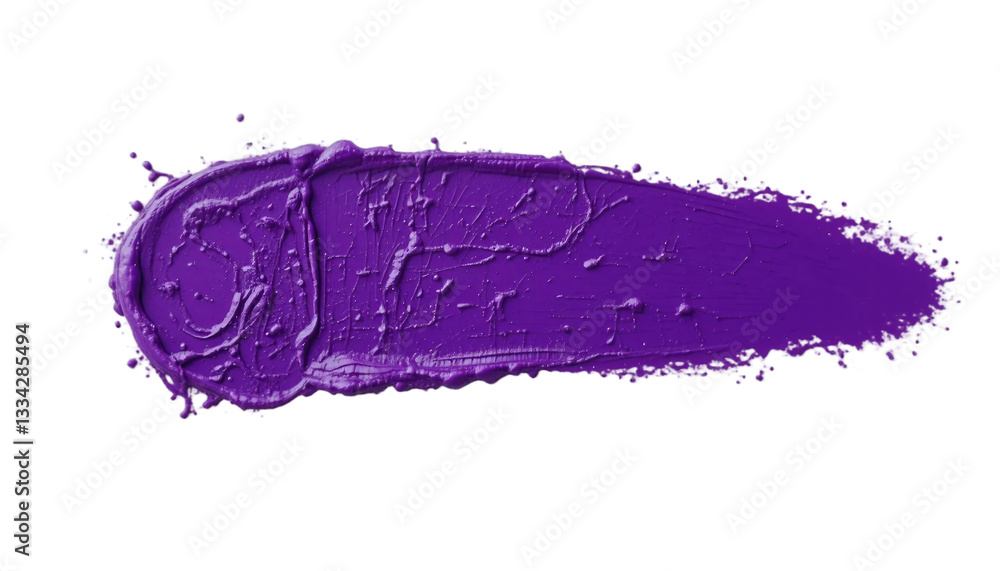 Fototapeta premium Purple paint brush stroke. The surface appears rough and expressive, capturing the flow of paint, smooth glides and rough edges where the bristles lifted. The vivid purple hue is striking & saturated