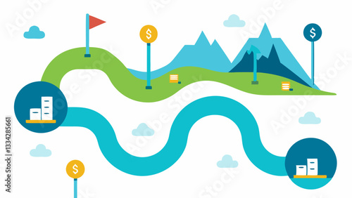 Flowing River of Assets An image of a river where each section is labeled with different investments e.g. tech stocks energy healthcare emphasizing the flow of diverse assets