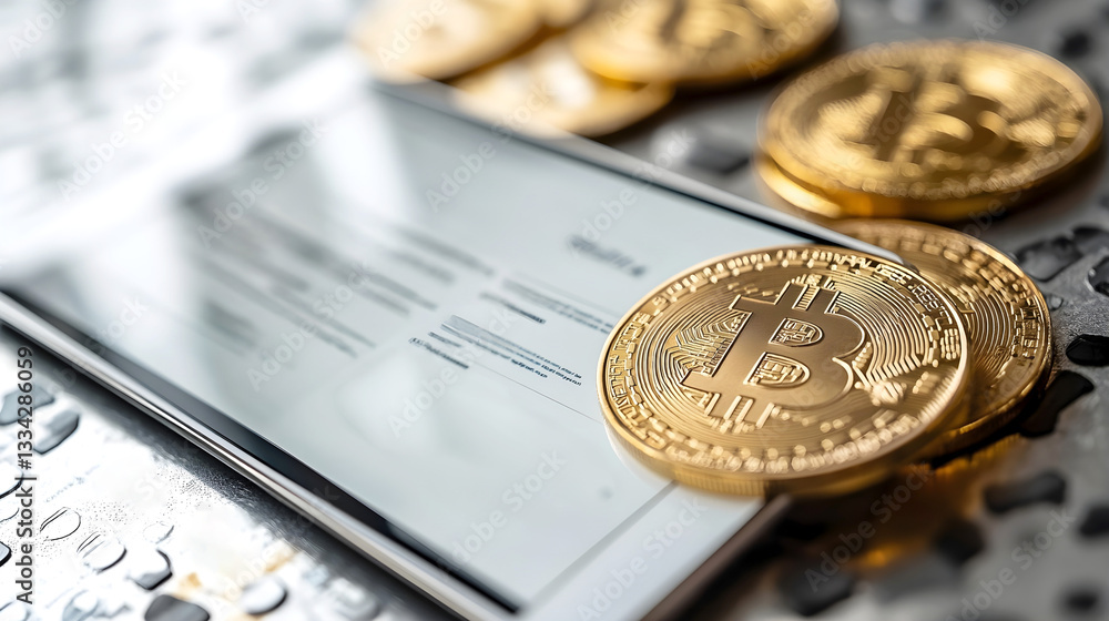 Golden bitcoin coins placed on a digital tablet, symbolizing cryptocurrency, blockchain technology, and online financial transactions in a modern digital economy Golden bitcoin coins placed on a digital tablet, symbolizing cryptocurrency, blockchain technology, and online financial transactions in a modern digital economy