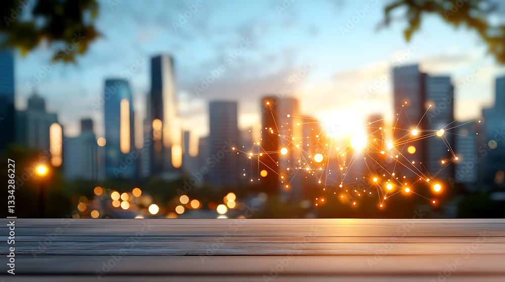 Fototapeta premium Futuristic urban center powered by ai downtown skyline digital art evening glow wide-angle view innovation and technology